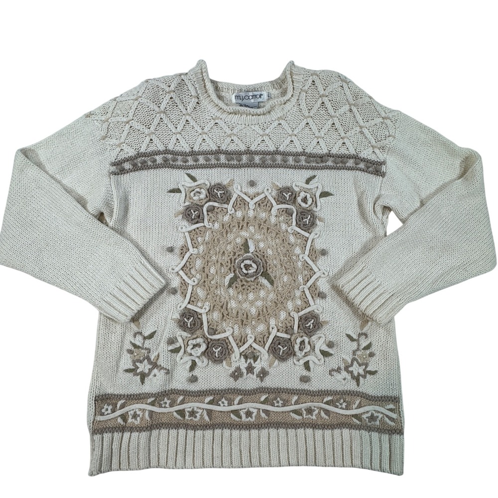 Vintage MJ Carroll Floral Crochet Embroidered Sweater Ivory L Whimsical Boho